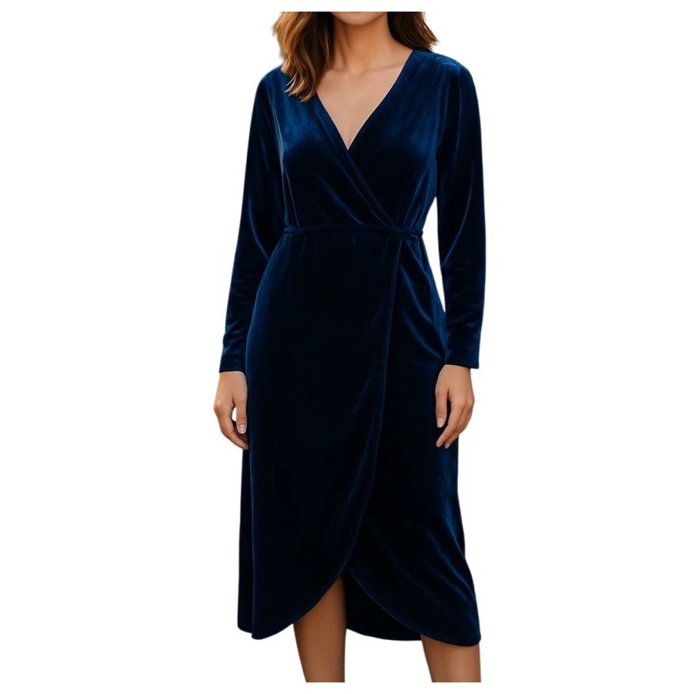 ZOMVA Velvet Maxi Dress 3XL Plus Navy Blue Wrap V Neck Long Sleeve Formal NWOT